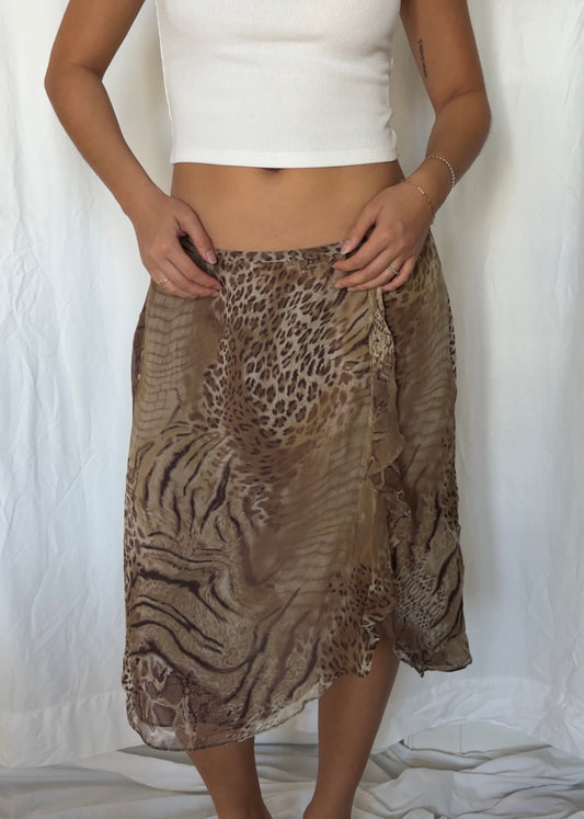 Richard Malcolm Size L Silk Animal Print Midi Skirt