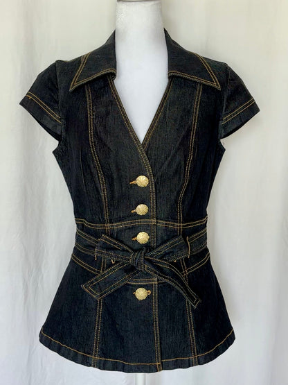 Bisou Bisou Size M Denim Belted Short Sleeve Vest Top