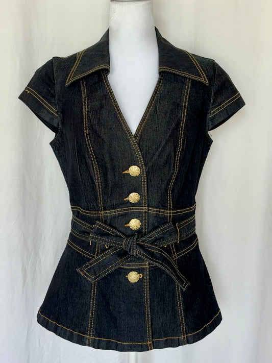 Bisou Bisou Size M Denim Belted Short Sleeve Vest Top