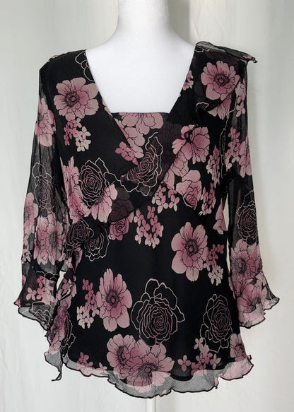 New York City Design Co Size L Silk Ruffle 3/4 Sleeves Top
