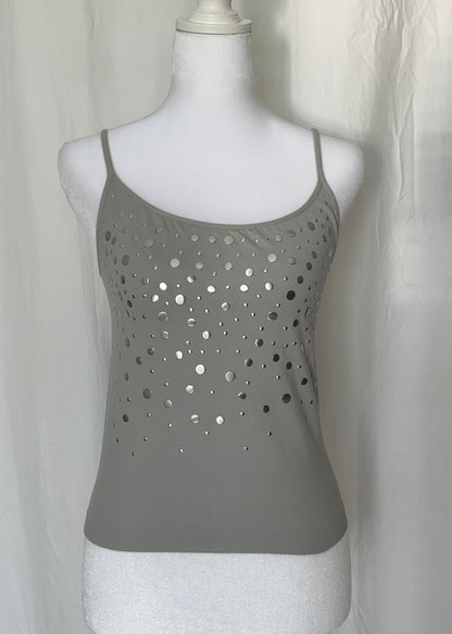 Gray tank top with cut-out design on a mannequin against a white background
