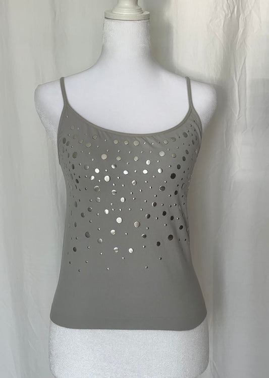 Gray tank top with cut-out design on a mannequin against a white background