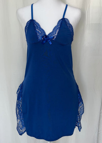 Blue lace-trimmed nightgown on a mannequin against a white background