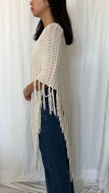 One Size Cream Fringe Knit Poncho