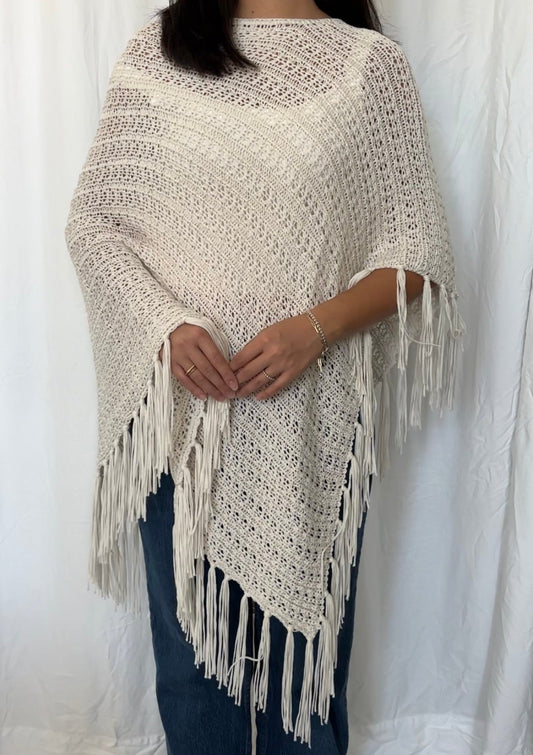 One Size Cream Fringe Knit Poncho